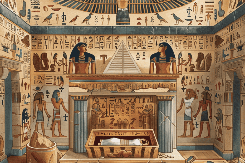 Illustratie van een oud Egyptisch grafinterieur, versierd met hiërogliefen en met illustraties van goden, met artefacten en figuren die rituele activiteiten uitvoeren.