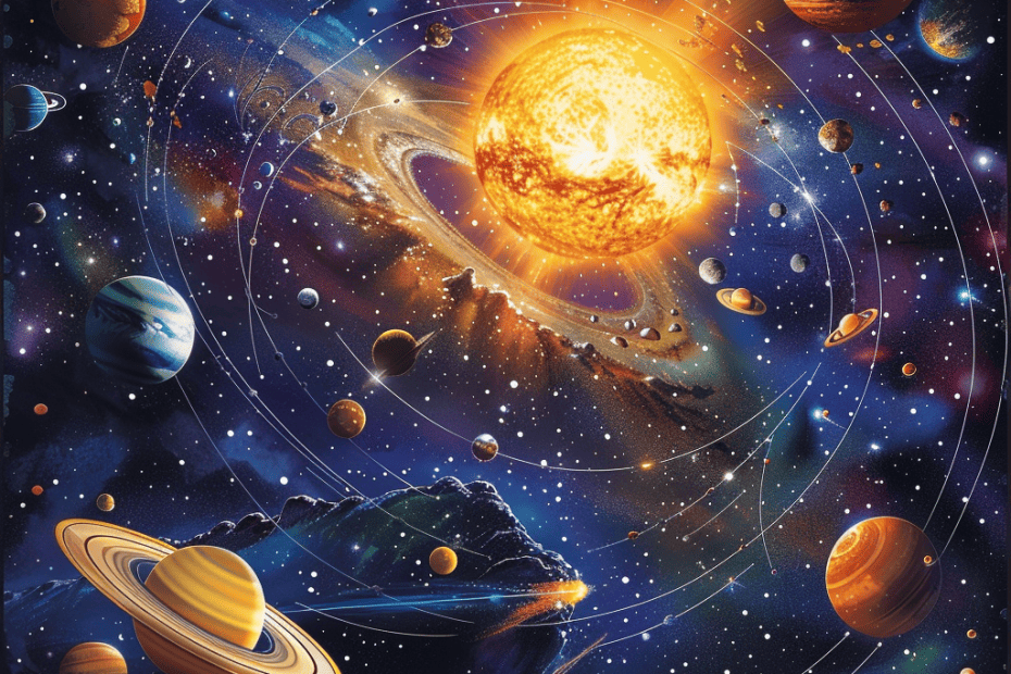 Een levendige artistieke weergave van het zonnestelsel en het omliggende sterrenstelsel, met de zon in het midden en planeten die in een symfonie van hemelbewegingen ronddraaien.