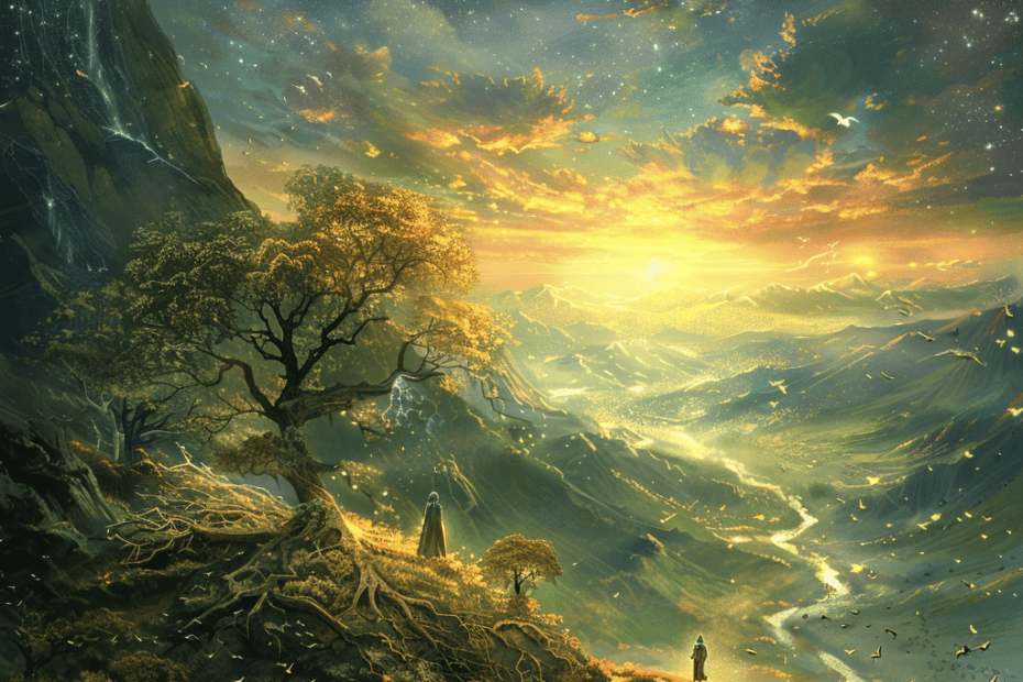 Een sereen fantasielandschap in de schemering, waar een enkele boom bovenop een berg staat, een rivier door de vallei beneden slingert en de kosmos de hemel verlicht met sterren.