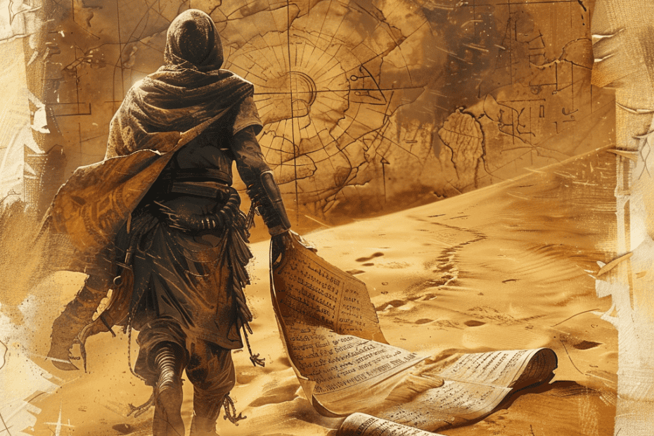 Een eenzame zwerver doorkruist een oude, met kaarten beladen woestijn, met een pad dat zich afwikkelt als een boekrol onder een tijdloze hemel.