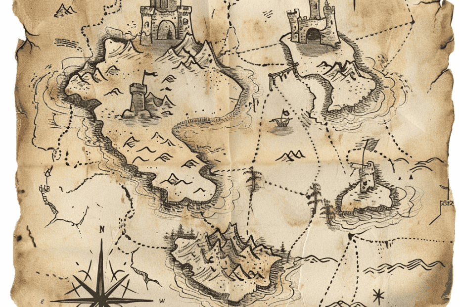 Een oude, versleten schatkaart die een fantasieland afbeeldt met kastelen, bergketens en mysterieuze eilanden, wat een gevoel van avontuur en verborgen geheimen oproept.