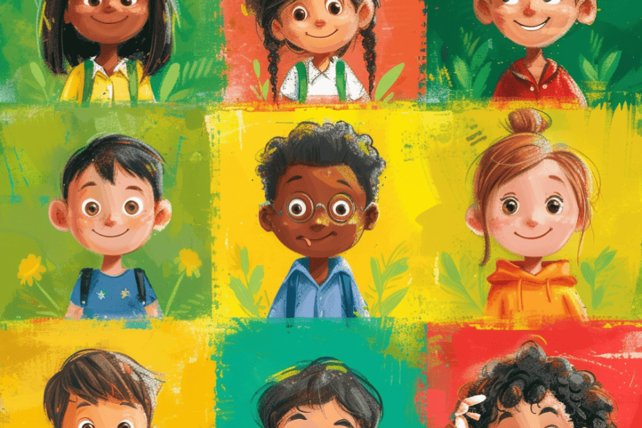 Een kleurrijke collage van handgetekende, diverse kindergezichten, die elk een unieke uitdrukking en persoonlijkheid illustreren, tegen levendige, gestructureerde achtergronden.