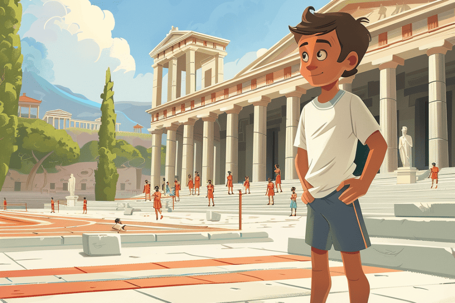 Een jonge avonturier staat voor de oude ruïnes van een grote tempel, met ontzag en nieuwsgierigheid in zijn ogen, terwijl verleden en heden zich vermengen in de warme omhelzing van de geschiedenis.