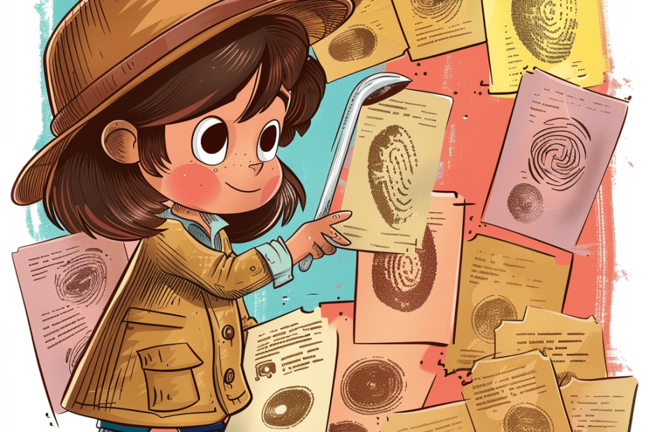 Jonge detective die met vergrootglas vingerafdrukken analyseert op een kleurrijke achtergrond van bewijsnotities.