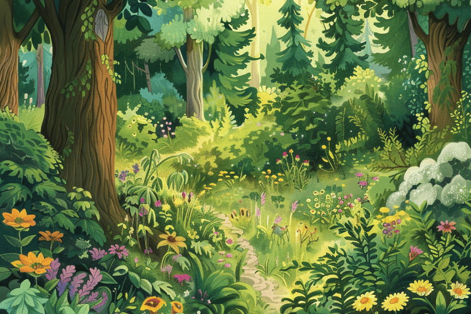Een levendige en weelderige illustratie van een betoverend bos, vol met verschillende planten en bloeiende bloemen, waardoor een serene en magische sfeer ontstaat.