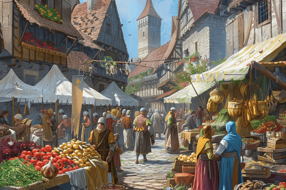 Een bruisend middeleeuws markttafereel met stadsmensen in antieke kledij die producten kopen, onder het toeziend oog van stenen torens en vakwerkgebouwen onder een helderblauwe lucht.