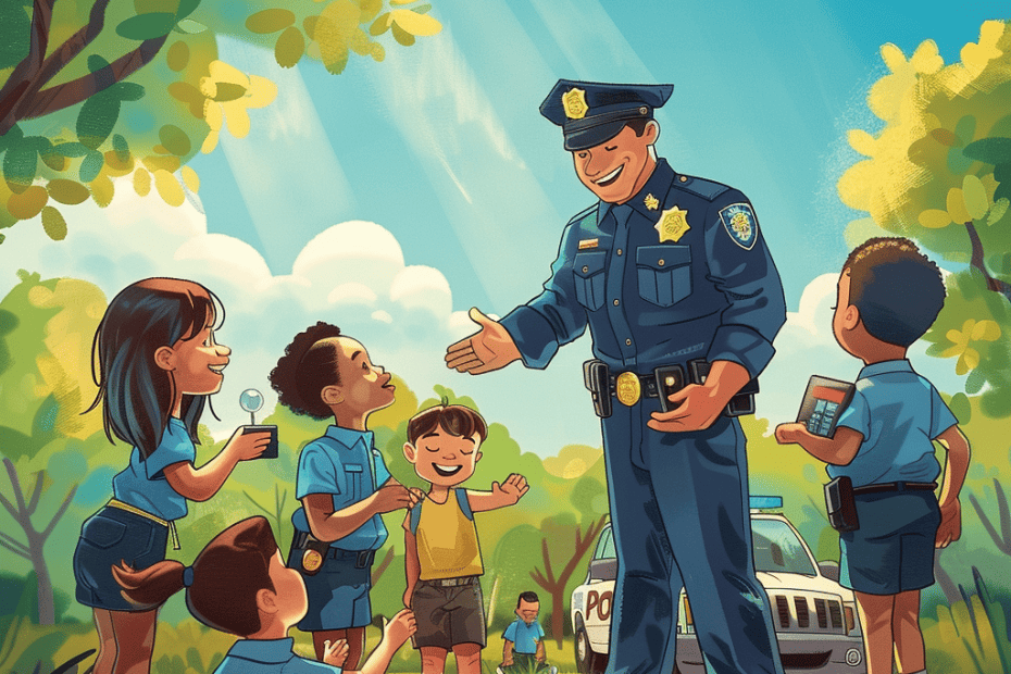 Een vriendelijke politieagent gaat in gesprek met een groep vrolijke kinderen in een zonnig park, wat symbool staat voor positieve relaties met de gemeenschap.