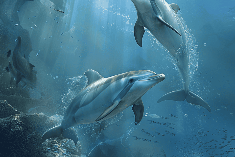 Twee dolfijnen zwemmen gracieus door het zonovergoten onderwaterrijk en stralen een gevoel van speelsheid en vrijheid uit.