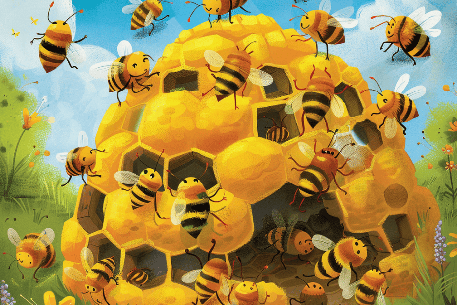 Een bruisende bijenkorf vol activiteit, omringd door een levendige weide, terwijl bezige bijen hun dag zoemen.