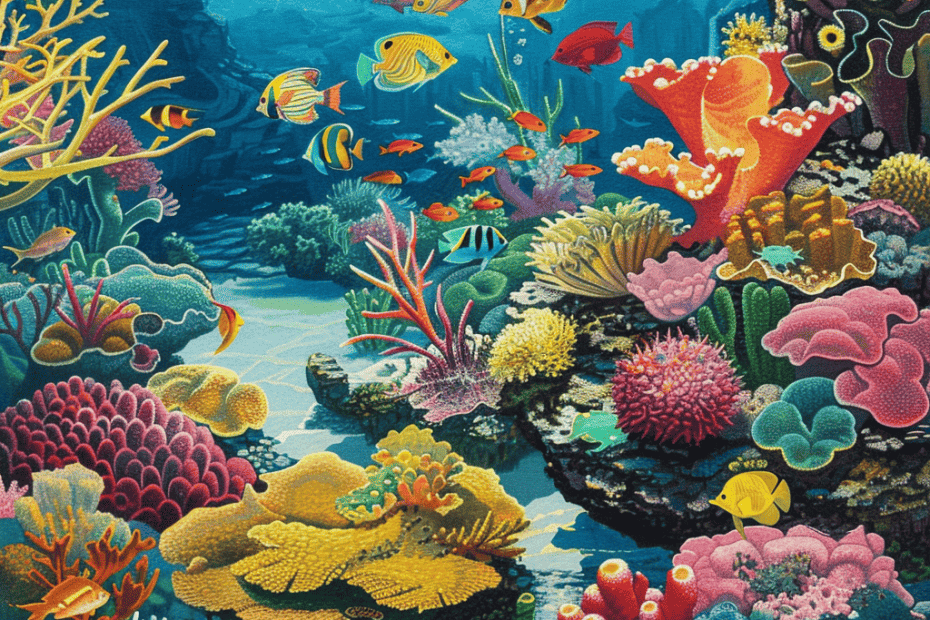 Een levendig onderwatertafereel met een divers koraalrif vol kleurrijke vissen en zeeleven.