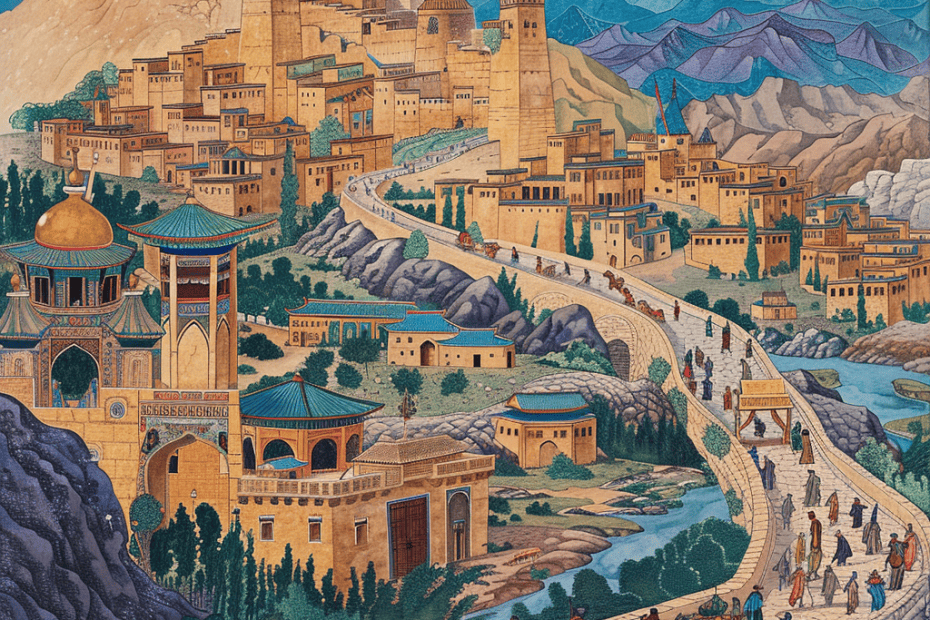 Een levendige en gedetailleerde illustratie van een oude stad aan de zijderoute die bruist van activiteit, met reizigers op kamelen, ingewikkelde architectuur en een bergachtige achtergrond.