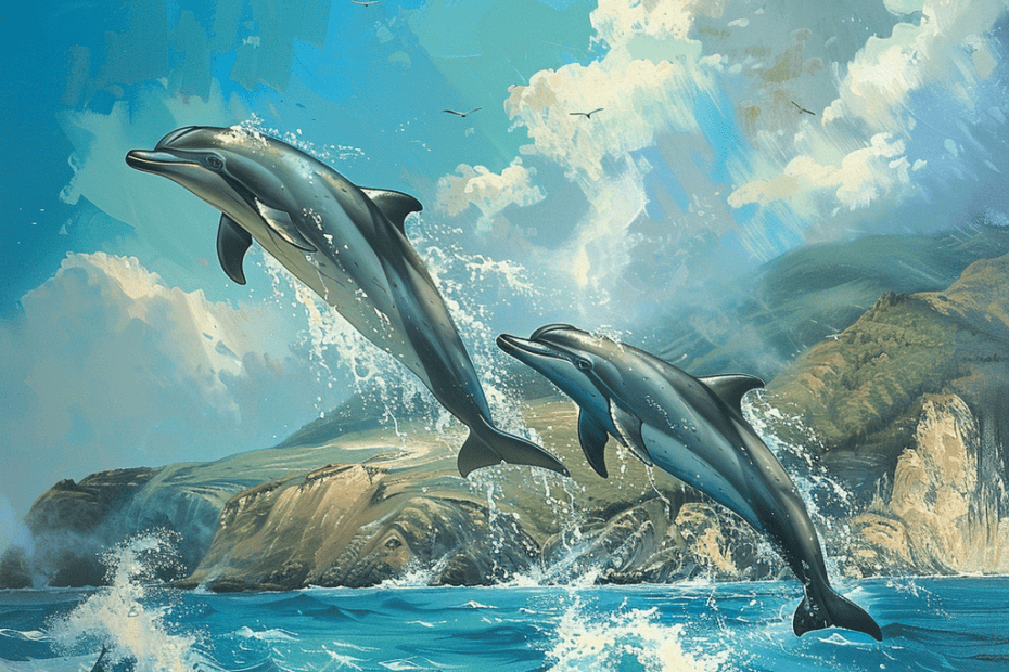 Twee dolfijnen springen sierlijk uit de golven van de oceaan, met een sereen kustlandschap op de achtergrond.