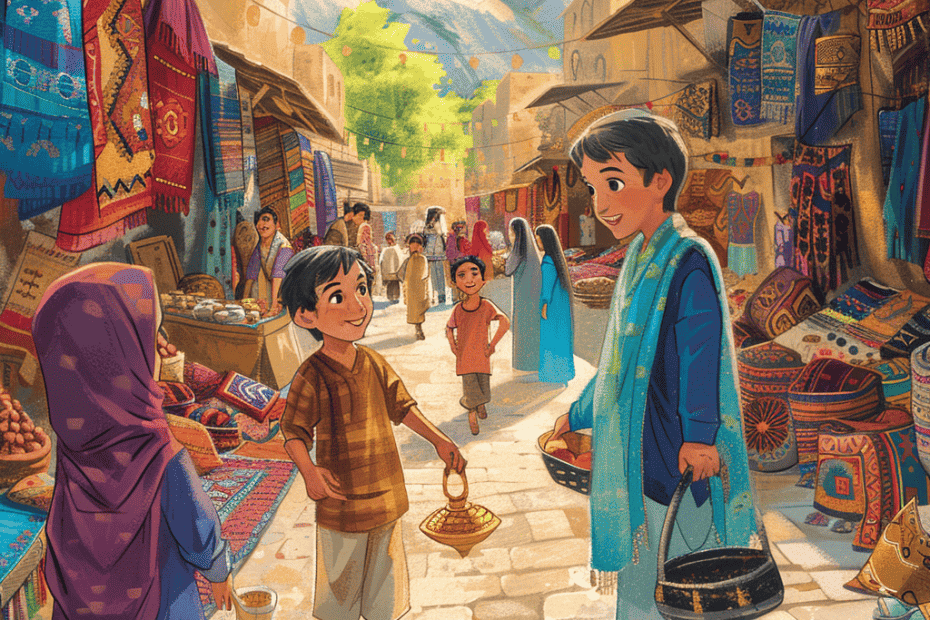 Een levendige en bruisende marktplaats in een traditionele setting, met winkelend publiek en verkopers te midden van een kleurrijke reeks textiel en goederen, onder de waakzame aanwezigheid van majestueuze bergen in de verte.