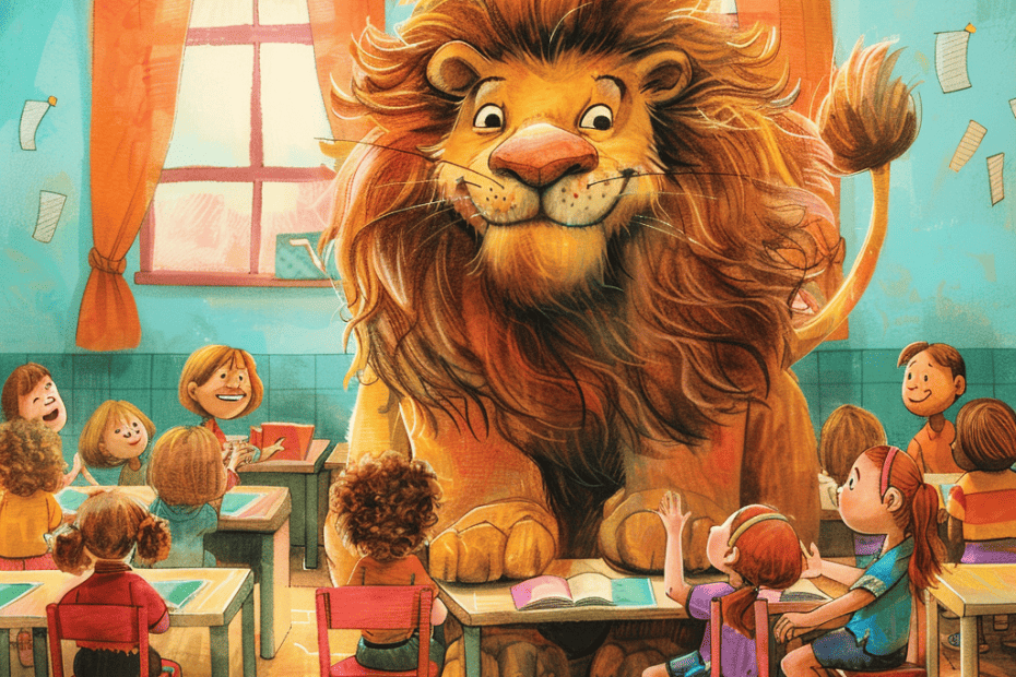 Een majestueuze leeuw bezig met begrijpend lezen groep 3 met een betoverde groep kinderen in een kleurrijke klasomgeving.
