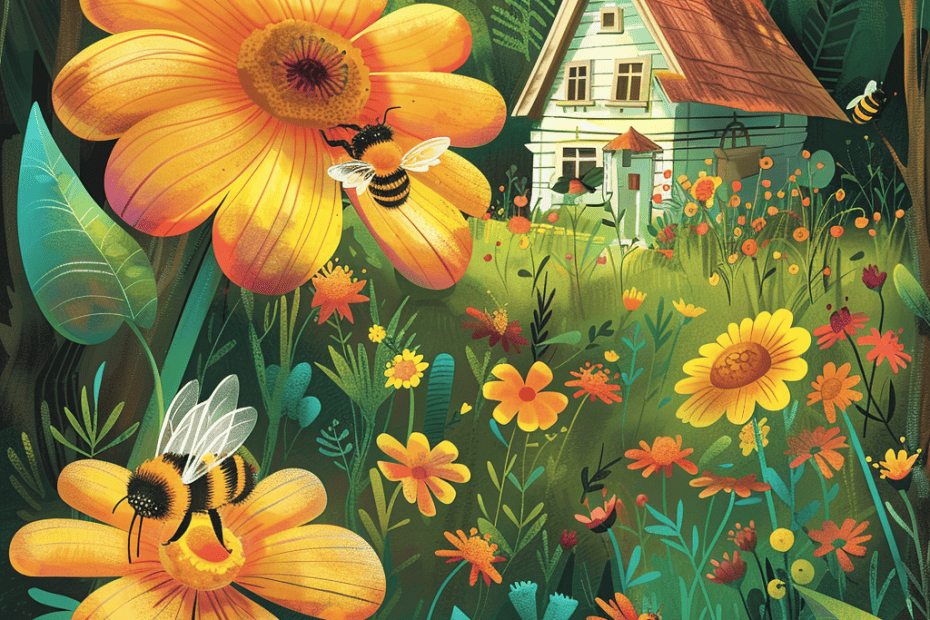 Een levendige illustratie van een weelderige tuin vol grote bloemen en bezige bijen, met een schilderachtig huisje genesteld in een serene bosachtergrond.