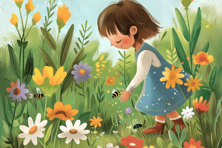 Een vrolijk kind dwaalt door een levendige, bloemrijke weide, waar bijen rondzoemen en een gevoel van verwondering in de lucht hangt.