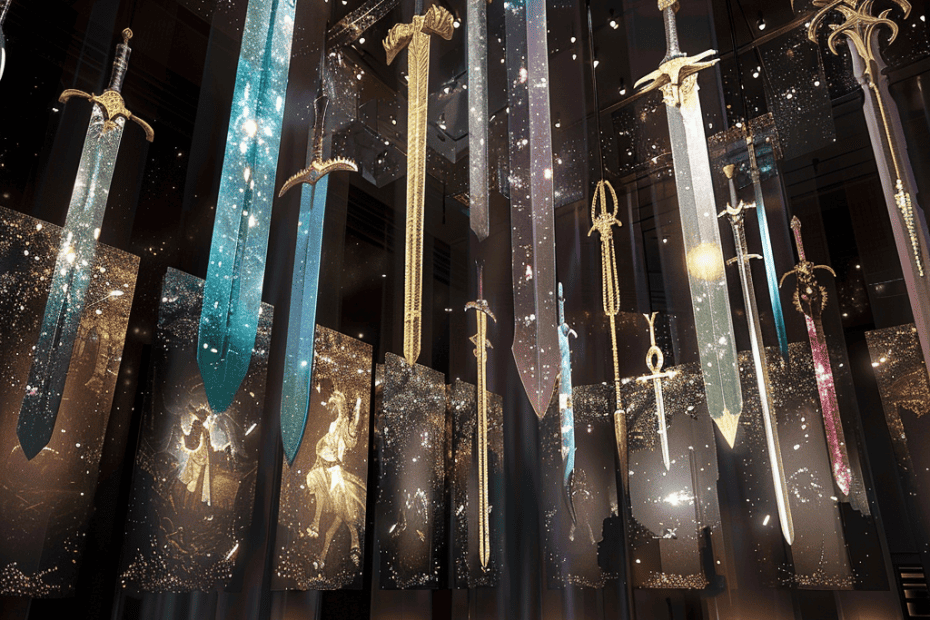 Een betoverende weergave van magische zwaarden die in de lucht hangen, waarbij elk blad glinstert met zijn eigen mystieke energie te midden van een grote, slecht verlichte hal.