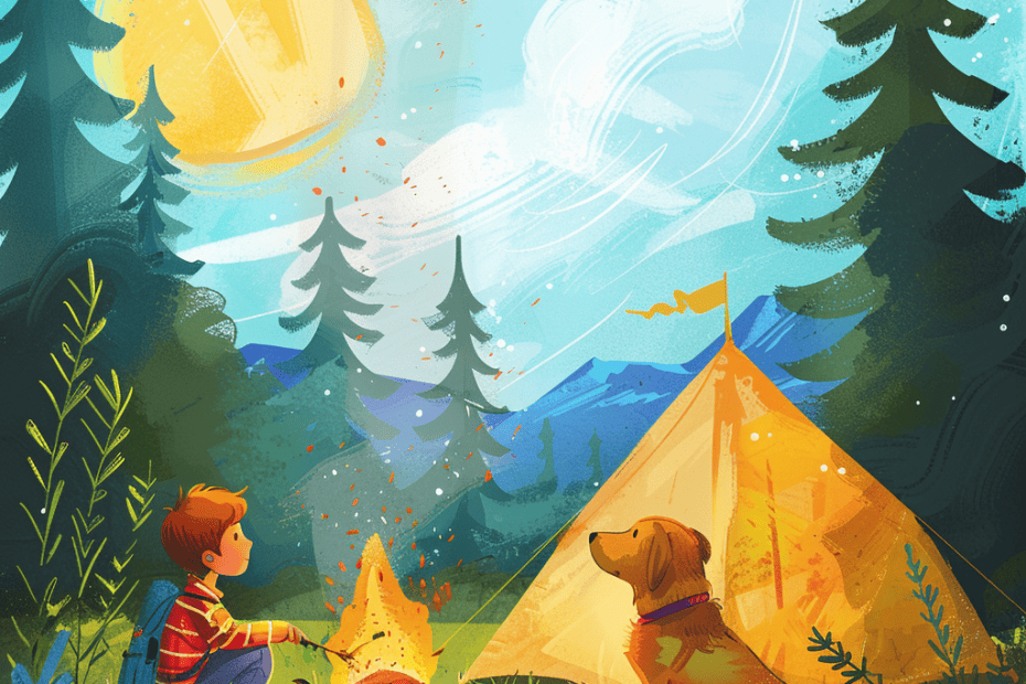 Een sereen kampeermoment: een jongen en zijn trouwe hond zitten naast een knetterend kampvuur, met een gezellige tent tegen de achtergrond van schilderachtige bergen en bossen onder een gouden zonsondergang.
