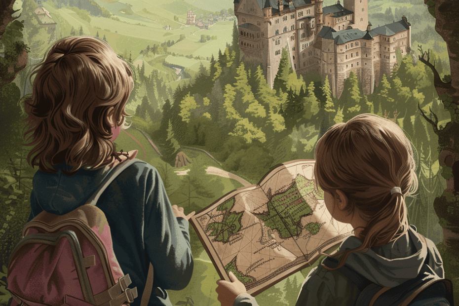 Twee jonge avonturiers met rugzakken raadplegen een kaart te midden van een weelderig groen bos, hun blik gericht op een majestueus kasteel genesteld in de groene vallei beneden.