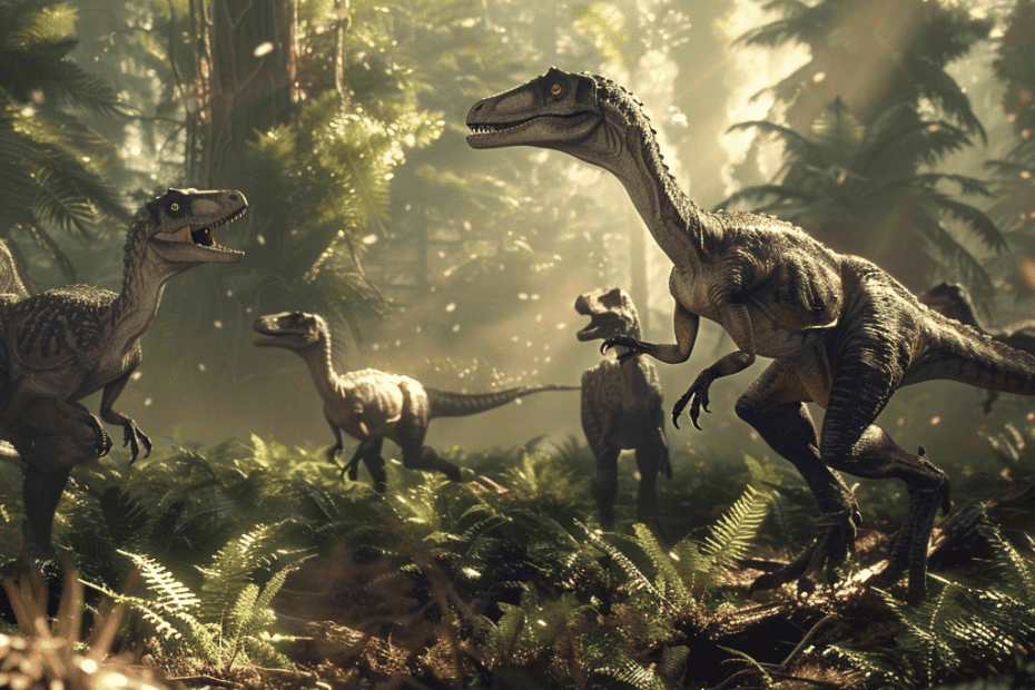 Een groep velociraptors die een dicht, zonovergoten bos verkennen en een scène overbrengen die doet denken aan de prehistorische wereld.