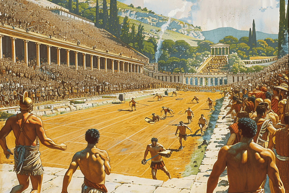 Oude Olympische Spelen tot leven gebracht: atleten strijden in een stadion vol toeschouwers, te midden van de pracht van de klassieke Griekse architectuur.
