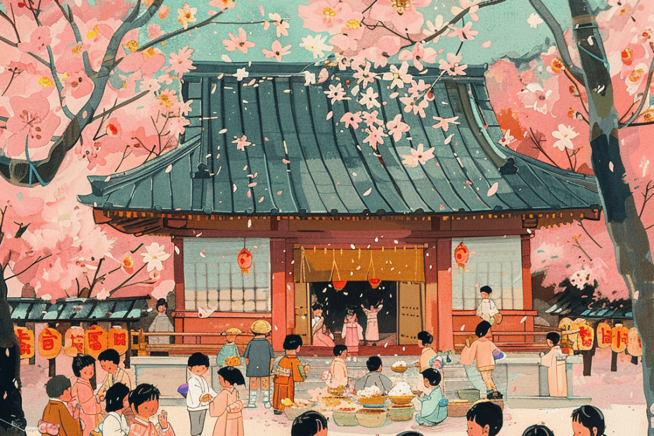 Een levendig lentetafereel bij een traditioneel heiligdom, waar mensen samenkomen onder de delicate roze bloesems van sakurabomen en de schoonheid en culturele festiviteiten van het seizoen vieren.