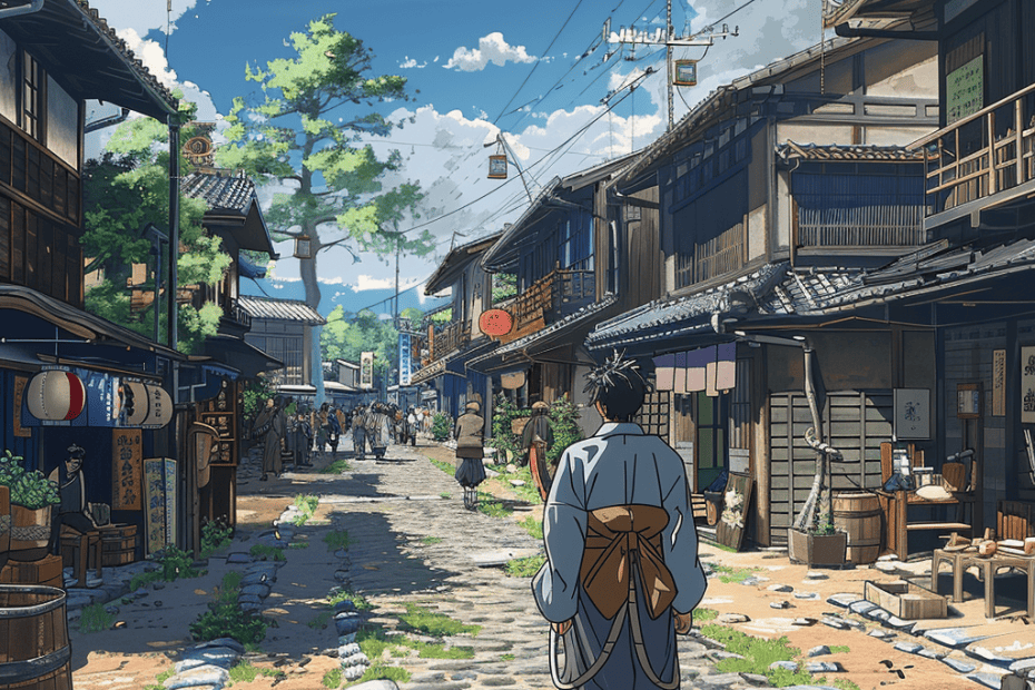 Een eenzame reiziger met een traditioneel pak loopt door een drukke straat vol schilderachtige houten winkeltjes, onder een helderblauwe lucht bezaaid met pluizige wolken in een pittoresk historisch stadje.