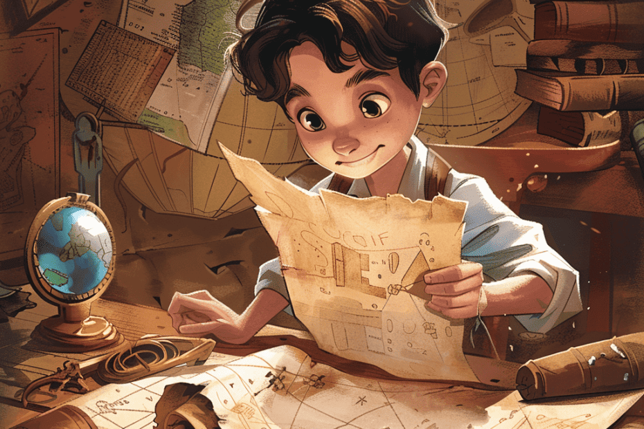 Een jonge jongen met donker haar decodeert opgewonden een schatkaart in een kamer vol kaarten, boekrollen en een oud manuscript, verlicht door warm licht.