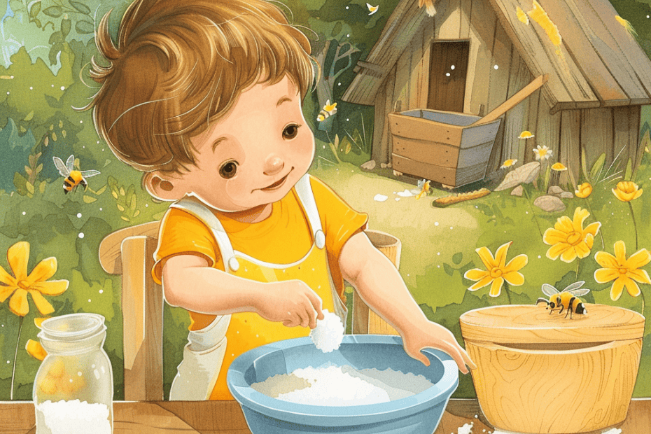 Een nieuwsgierige peuter in overall die buiten experimenteel speelt met bloem in een kom, omringd door zoemende bijen en tegen de achtergrond van een rustiek houten bijenhuis, allemaal badend in de warme, magische gloed van een zonnige dag.