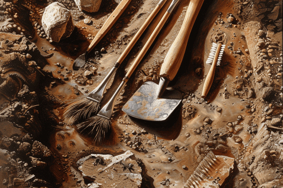 Oude schatten komen uit de aarde tevoorschijn terwijl archeologische gereedschappen naast nieuw opgegraven artefacten liggen en een stil verhaal over ontdekking en geschiedenis vertellen.