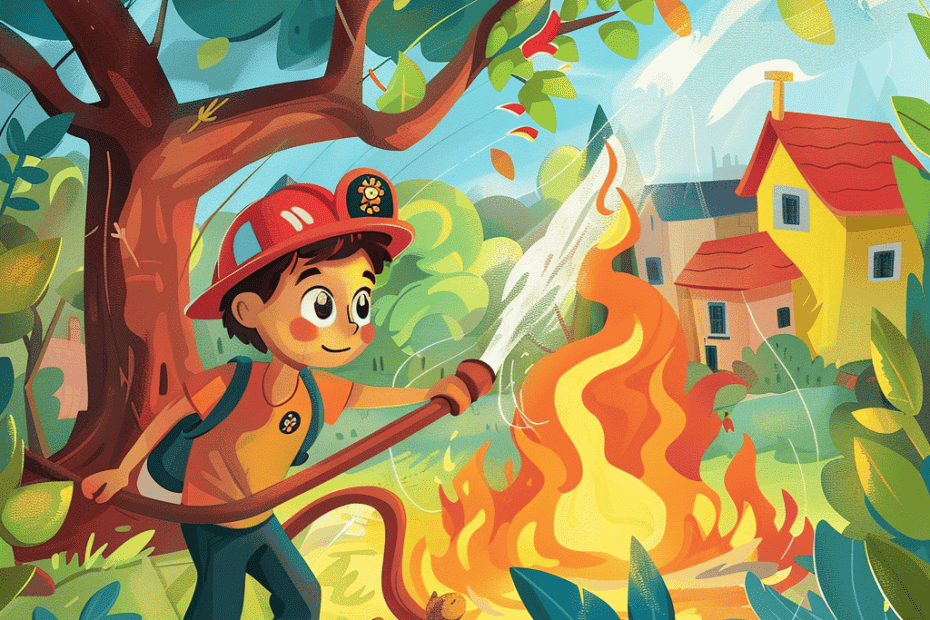 Een dappere jonge brandweerman in opleiding gebruikt ijverig een slang om een klein vuurtje in het bos te blussen, terwijl een nieuwsgierige kat toekijkt, met op de achtergrond een gezellig huis onder een zonnige hemel.