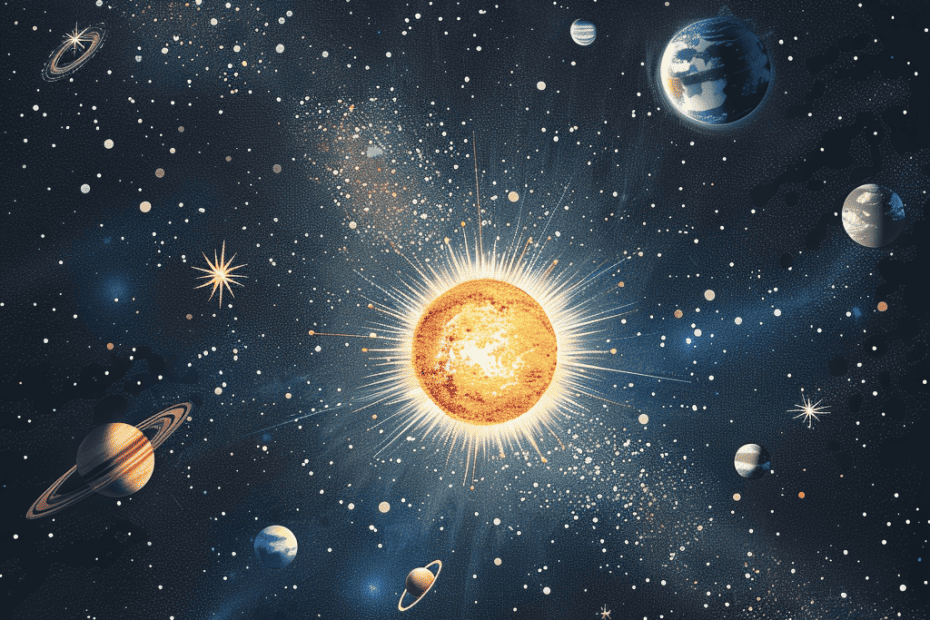 Een informatieve tekst voor groep 3 over een levendige illustratie van het zonnestelsel, waarin de zon in het midden staat met daaromheen