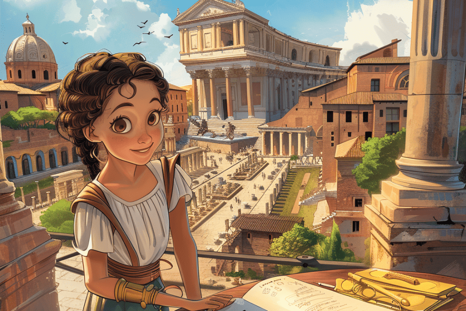 Een jong meisje met een nieuwsgierige en vrolijke uitdrukking schetst het oude Romeinse forum, omgeven door iconische architectuur onder een helderblauwe lucht vol vogels.