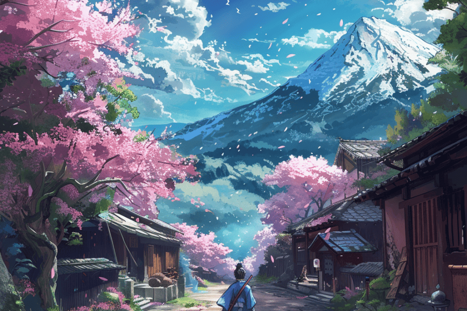 Een rustige wandeling door een pittoresk dorpje met kersenbloesems in volle bloei, omlijst door de majestueuze aanwezigheid van een met sneeuw bedekte berg.