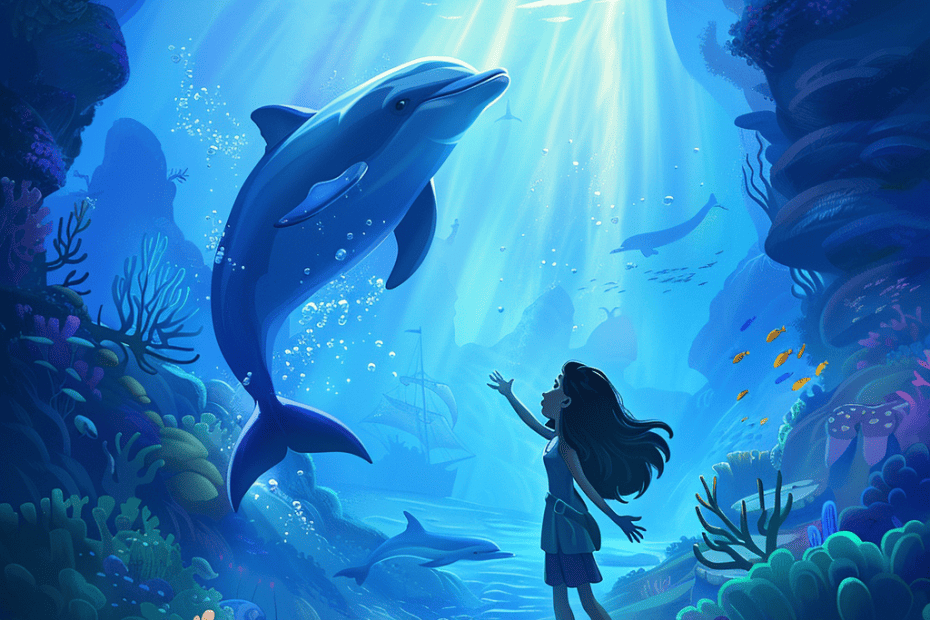 Een jong meisje staat gebiologeerd terwijl ze getuige is van een majestueuze dolfijn die springt in de mystieke, zonovergoten onderwaterwereld vol levendig koraal en zeeleven.