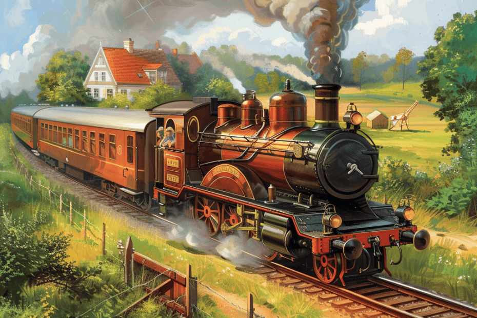 Een vintage stoomlocomotief die een passagiersrijtuig voorttrekt over een landelijk spoor, met weelderig groen en een schilderachtige boerderij op de achtergrond, die rook uitblaast tegen een heldere hemel.