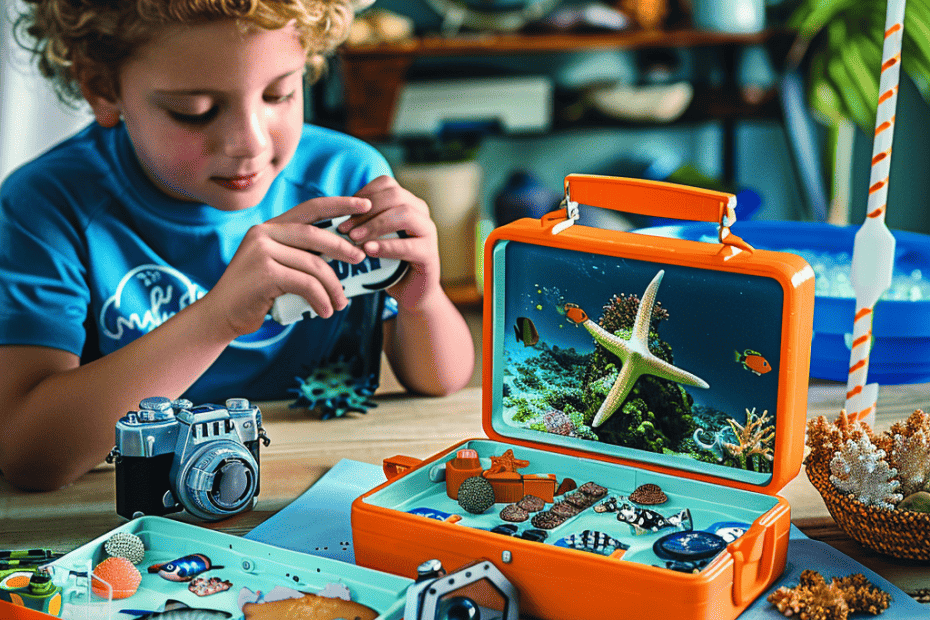 Een nieuwsgierig kind dat zich bezighoudt met een speelopstelling met een maritiem verkenningsthema, waarbij hij objecten onderzoekt met een camera bij de hand en omringd door zeesterren, schelpen en een grillige onderwaterversierde lunchbox.