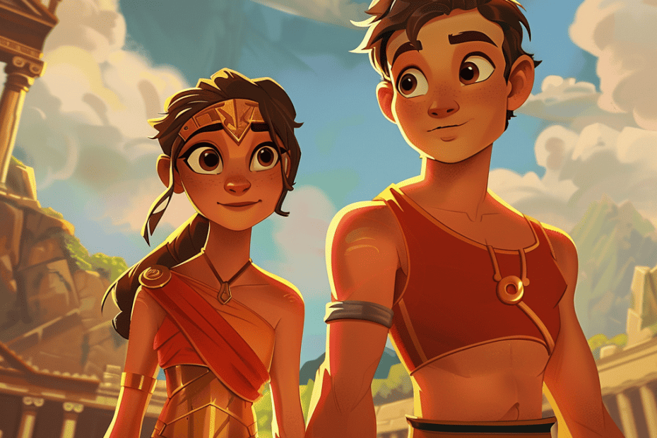 Twee geanimeerde personages in eeuwenoude kledij die op avontuur gaan met ontzagwekkende oude bouwwerken op de achtergrond.