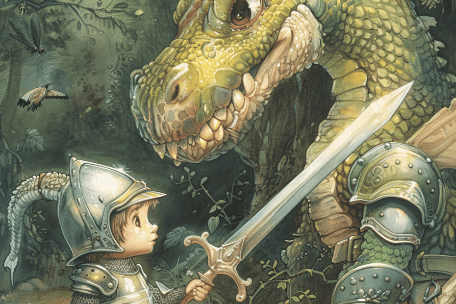 Een dappere kleine ridder in glanzend harnas staat onverschrokken voor een kolossale draak in een mystiek bos.