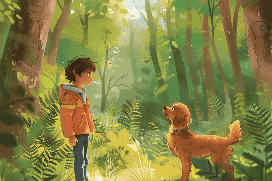 Een jongen en zijn trouwe hond pauzeren voor een moment van verbinding te midden van de zonovergoten rust van een open plek in het bos.