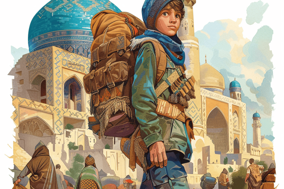 Een jonge reiziger uitgerust met een rugzak staart in de verte en staat voor een sierlijk, koepelvormig gebouw dat een voorbeeld is van historische architectuur, terwijl de lokale bevolking hun dagelijkse routine uitvoert te midden van een bruisende, exotische markt.