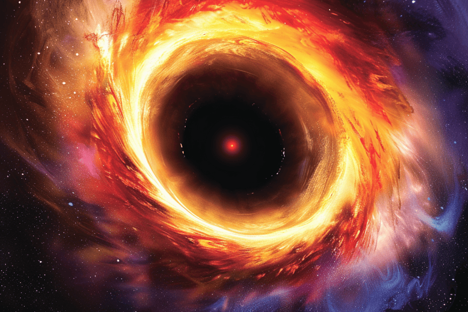 Een betoverende illustratie van een zwart gat dat licht en materie overspoelt, omgeven door een lichtgevende accretieschijf tegen de achtergrond van de diepe ruimte.
