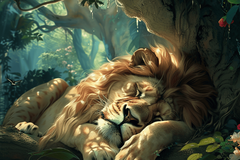 Een majestueuze leeuw sluimert vredig onder de rustige omhelzing van een weelderig bladerdak, zijn manen vermengen zich met het gouden zonlicht dat door de bladeren filtert, een tafereel dat doet denken aan groep 3 begrijpend