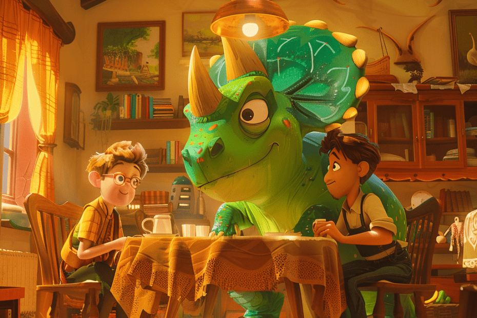 Drie geanimeerde personages – een jongen met een bril, een groene dinosaurus en nog een jongen – verzamelden zich rond een gezellige keukentafel onder de warme gloed van een lamp en leken een intrigerend gesprek of ontdekking te delen.