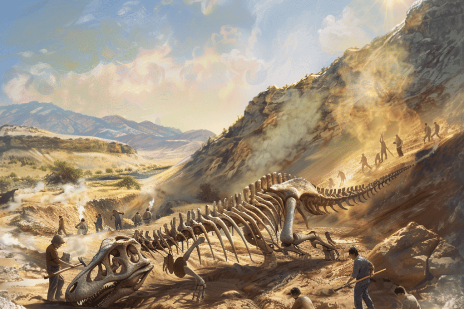 Paleontologen graven een kolossaal dinosaurusskelet op in een zonovergoten woestijn en ontrafelen geheimen onder een helderblauwe hemel.