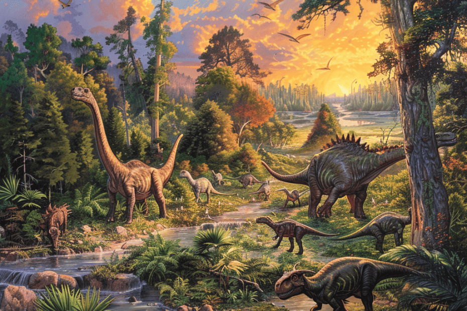 Een levendige prehistorische scène waarin verschillende dinosaurussen worden afgebeeld die naast elkaar bestaan in een weelderig, groen bos waar een rivier doorheen stroomt, terwijl de ondergaande zon een warme gloed over het landschap werpt, perfect voor 'Beg