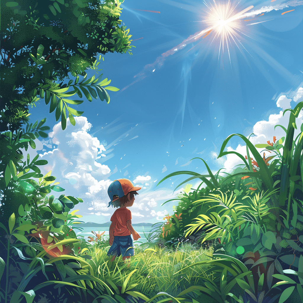 Een kind met een zonnehoed staat aan de rand van een weelderig groene weide en staart naar het heldere, zonverlichte landschap omlijst door levendige flora onder een helderblauwe hemel.