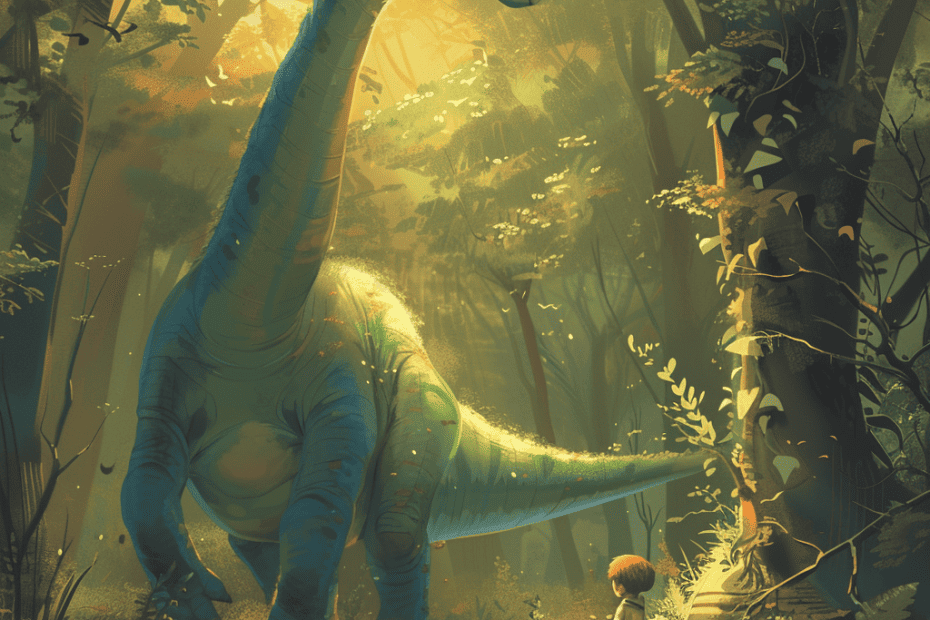 Een zachte ontmoeting in een betoverd bos, waar een kind ontzag heeft voor een torenhoge, vriendelijke dinosaurus, badend in het gouden licht van een mystieke wereld, wat hun begrip en leesgro aanwakkert.