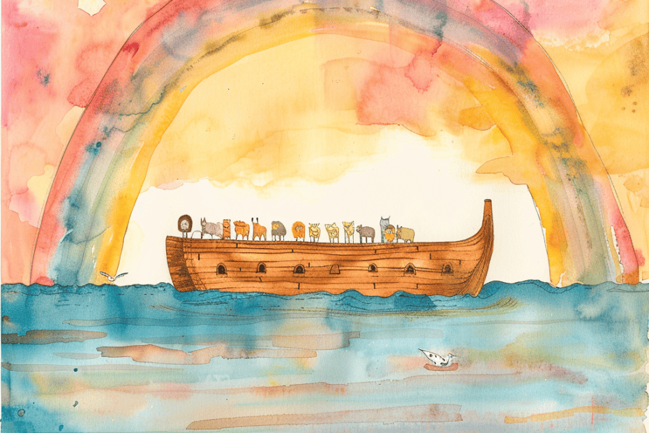 Grillig aquarelschilderij met een grote houten boot die lijkt op de Ark van Noach en die verschillende dieren aan boord heeft, waaronder olifanten, leeuwen en giraffen, drijvend op de zee onder een levendige regenboog. De lucht is gevuld met roze en oranje wolken en er vliegen vogels in de buurt van de boot.
