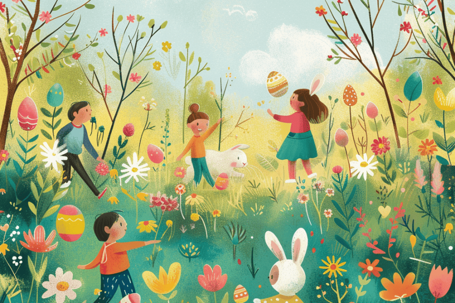 Illustratie van kinderen en konijnen die spelen in een levendige weide met kleurrijke bloemen en paaseieren tijdens een feestelijke paaseierenjacht onder een heldere, zonnige hemel.